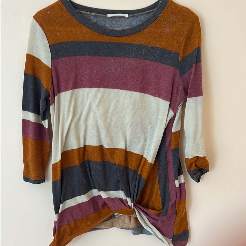 Reborn J Gray Purple Tie Front 3/4 Sleeve Sweater